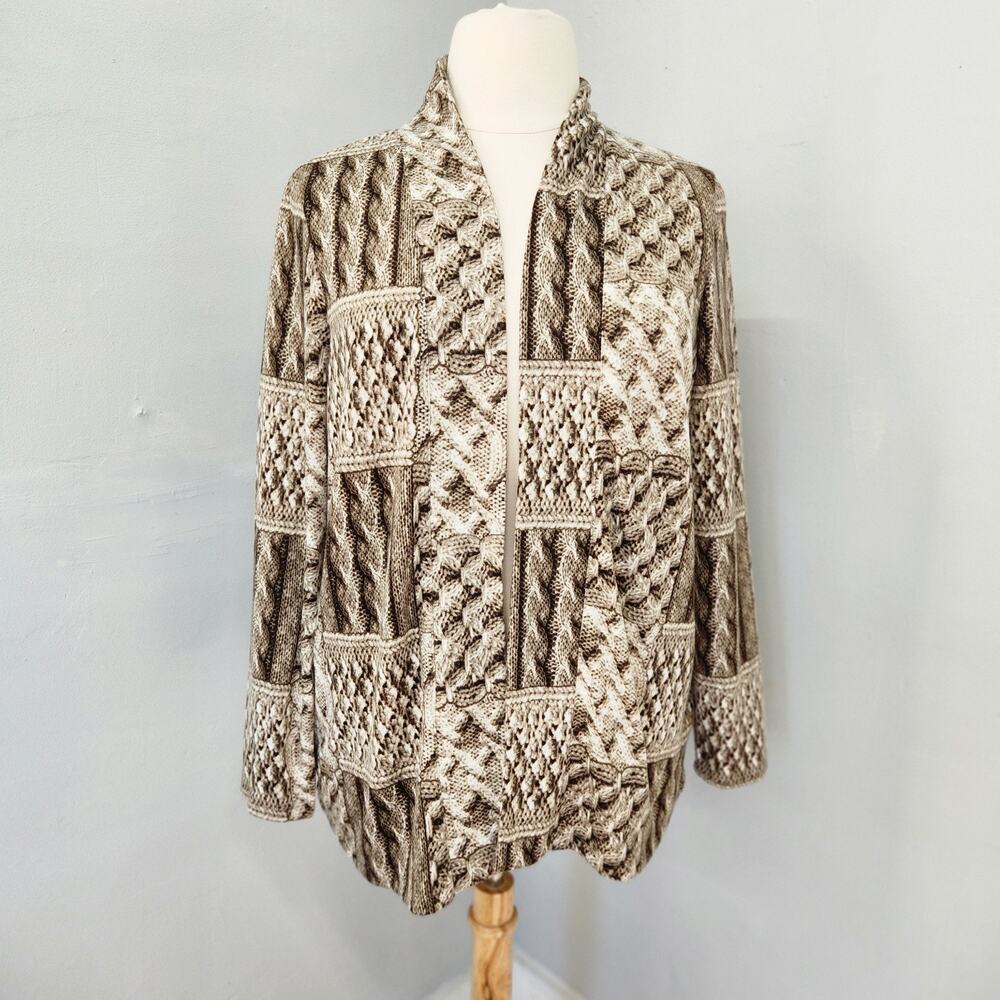 Denim & Co. Open Front Cardigan Jacket Faux Cable Knit Patchwork Print Large